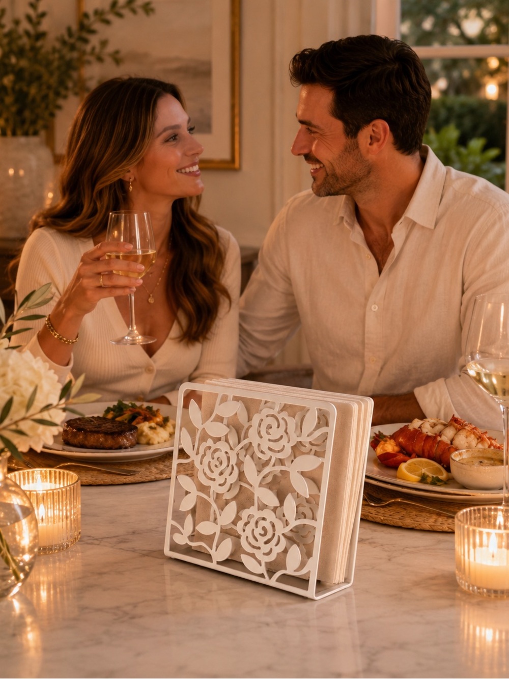 Floral Metal White Napkin Holder